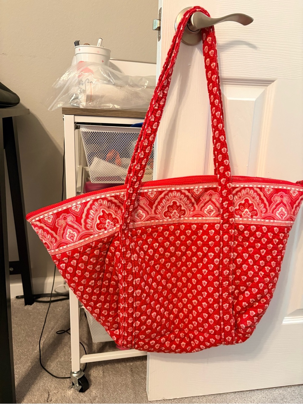 Red Patterned Quilted Tote Bag - Women's Shoulder Bag